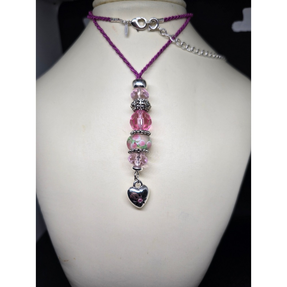 VTG SAQ Pink Fairycore Lampwork Floral Bead Heart Charm Pendant Necklace
